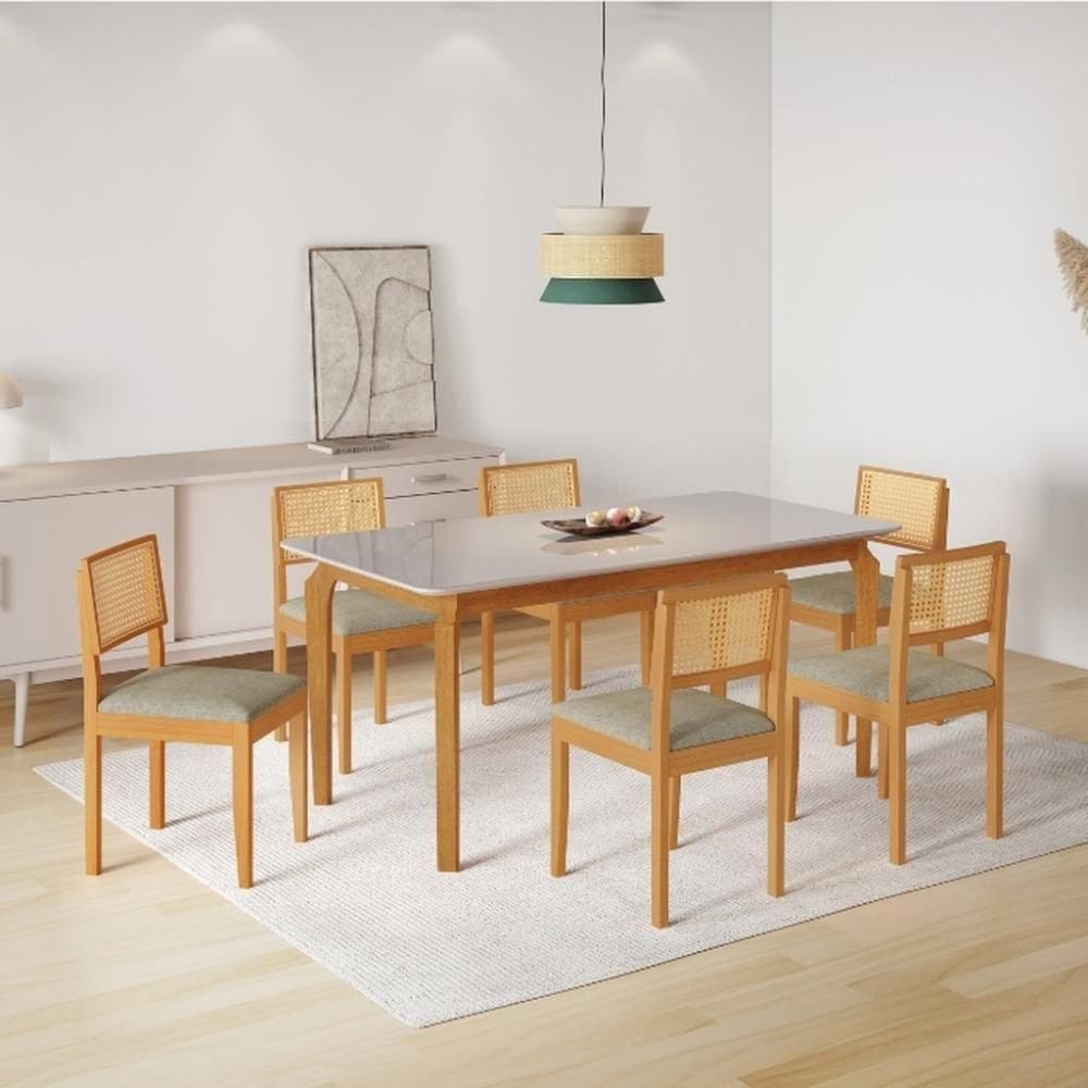 Conjunto Mesa De Jantar Alegra Off White 1,80m Com 6 Cadeiras Jade 03 Linho Cinza