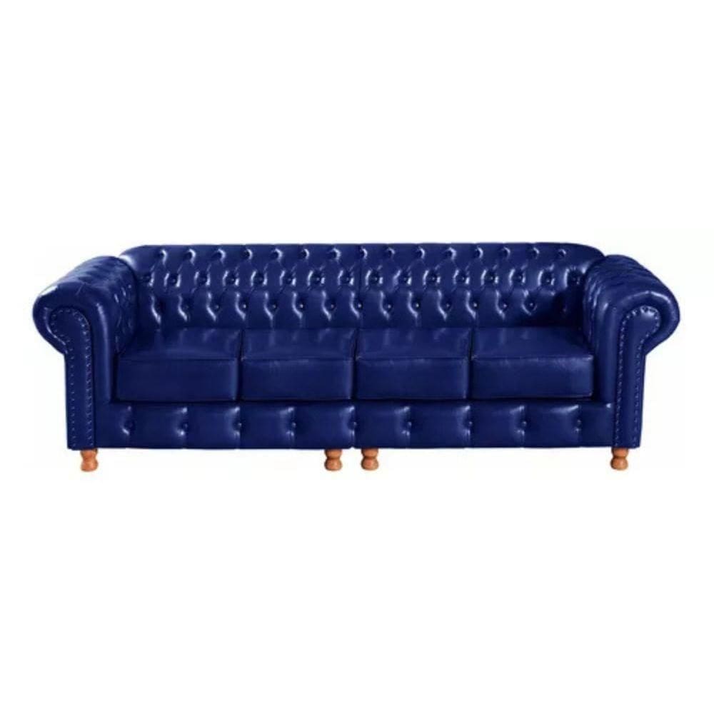 Sofá Chesterfield Luís Xv 4 Lugares Vintage Retrô Capitonê Couro Azul