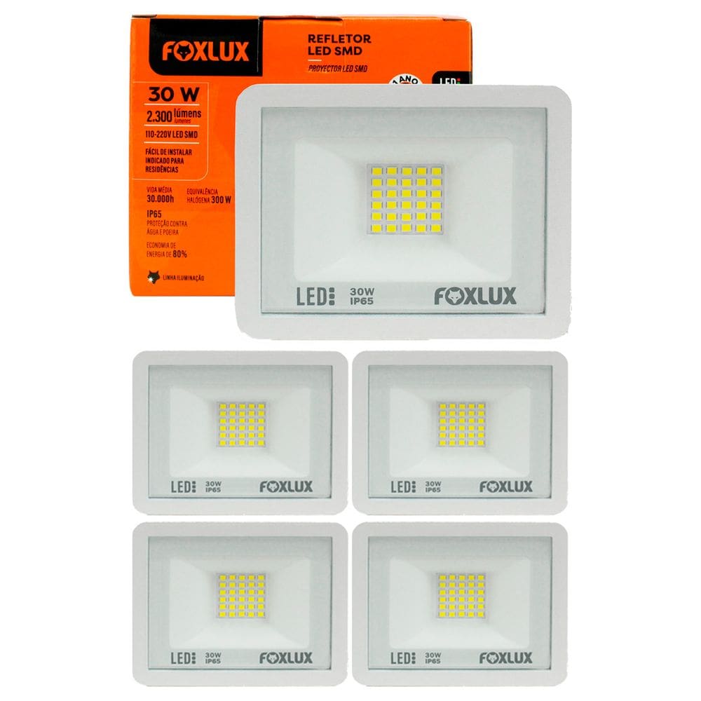 Kit 5 Refletor Led 30W 6500K Branco Bivolt Foxlux