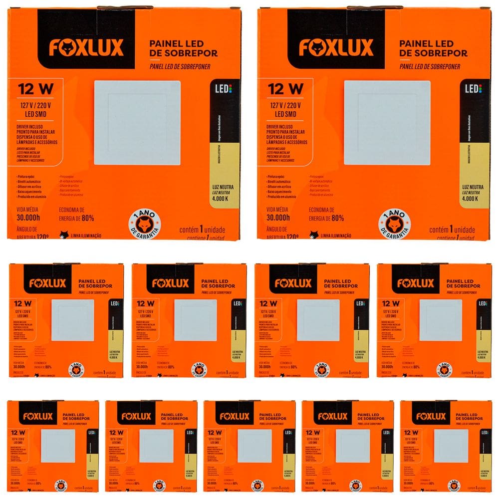 Kit 10 Painel Led Quadrado Sobrepor 12W 4000K Bivolt Foxlux