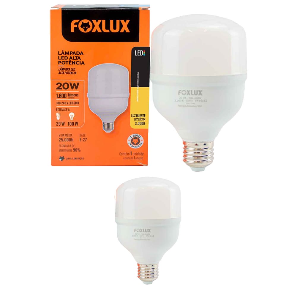 Kit 2 Lâmpada Led Alta Potência 20w 3000k E-27 Bivolt Foxlux