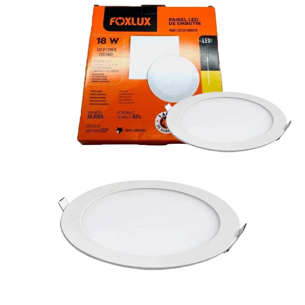 Kit 2 Painel Led Redondo Embutir 18W 3000K Bivolt Foxlux