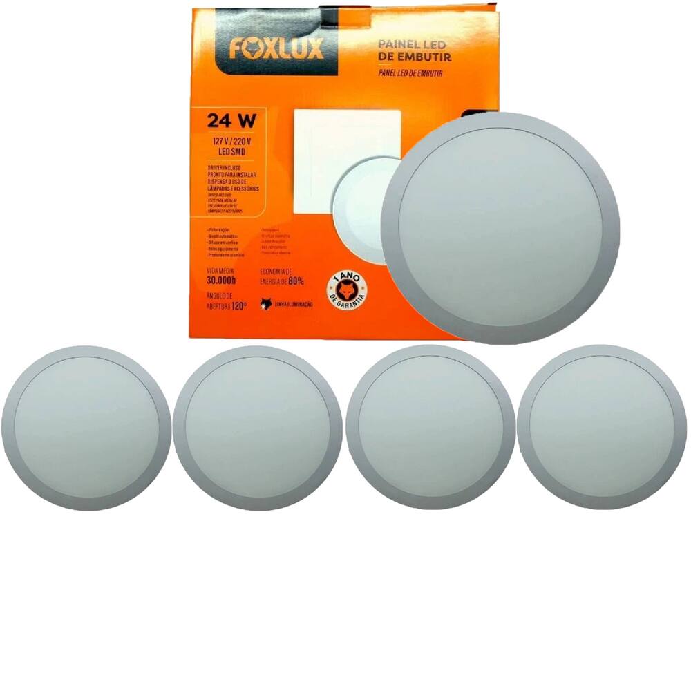 Kit 5 Painel Led Redondo Embutir 24W 3000K Bivolt Foxlux