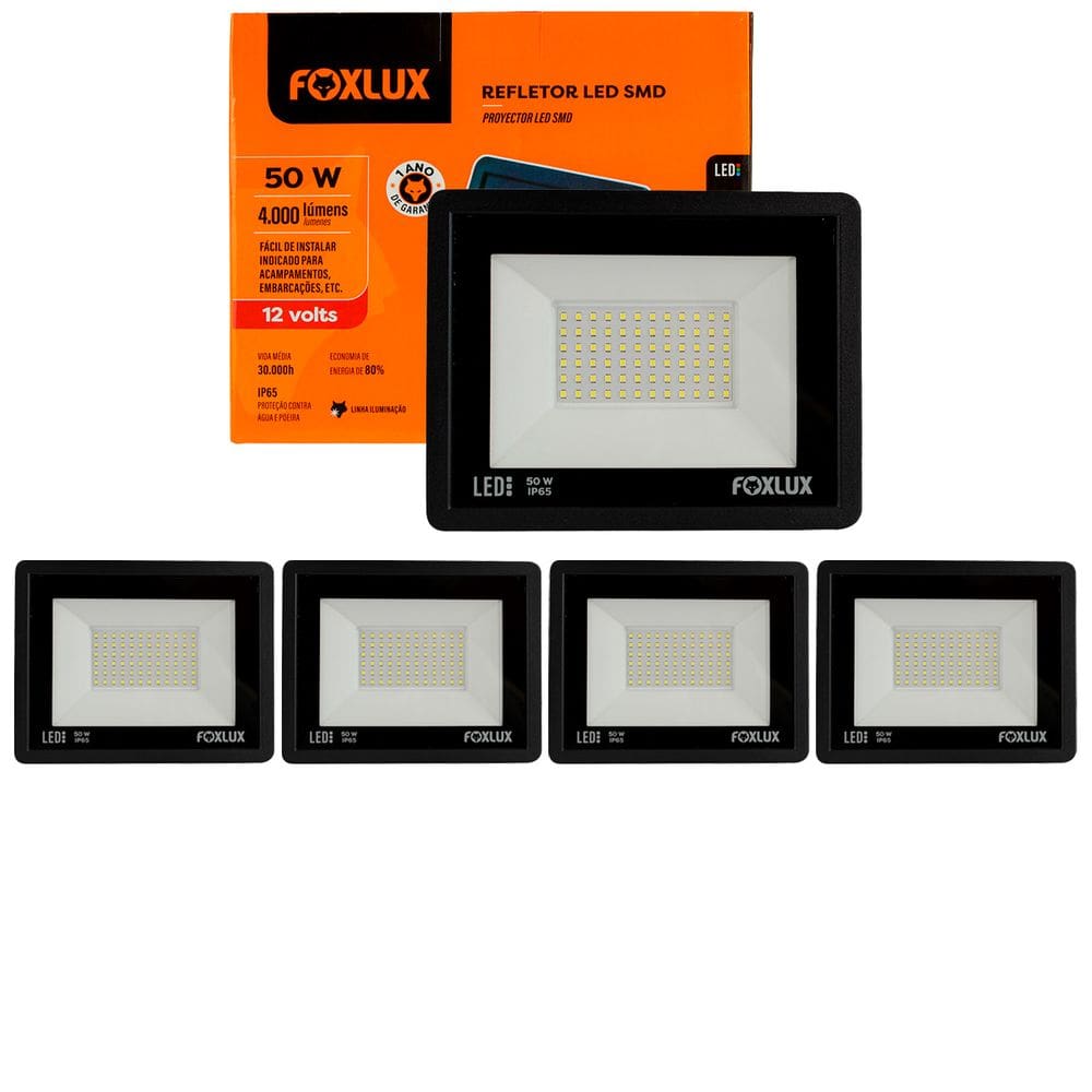Kit 5 Refletor Led 50W 6500K 12V IP65 Foxlux