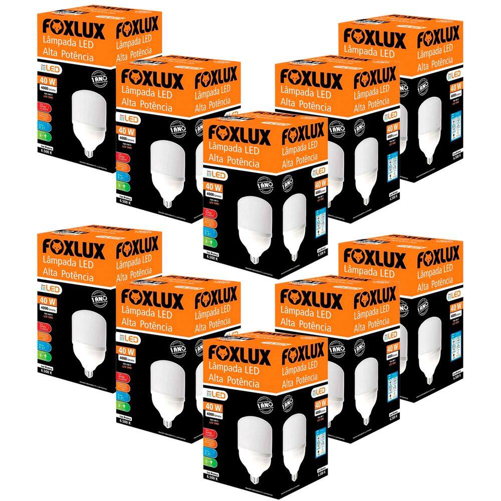 Kit 10 Lâmpada LED 40W Bulbo Alta Potência Bivolt 6500K Luz Branca Foxlux