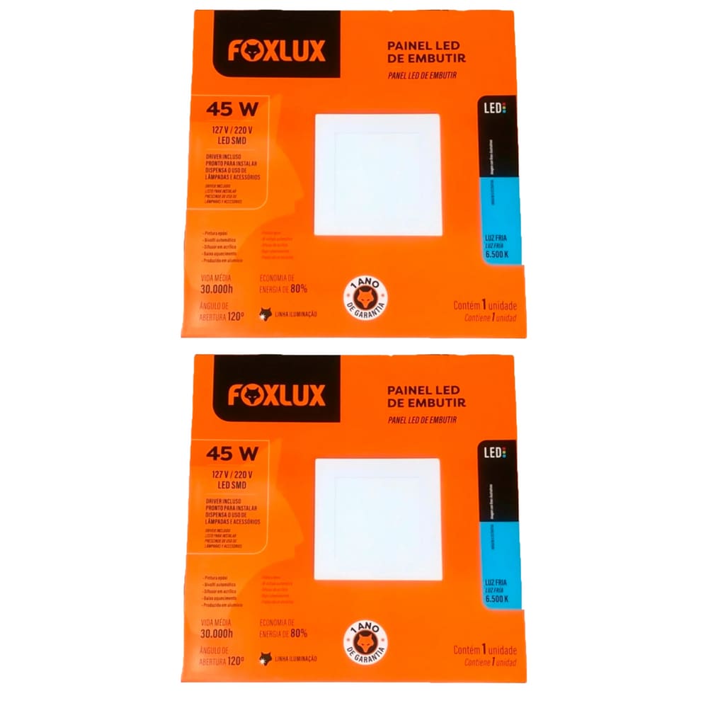 Kit 2 Painel Led Quadrado Embutir 45W 4000K Bivolt Foxlux