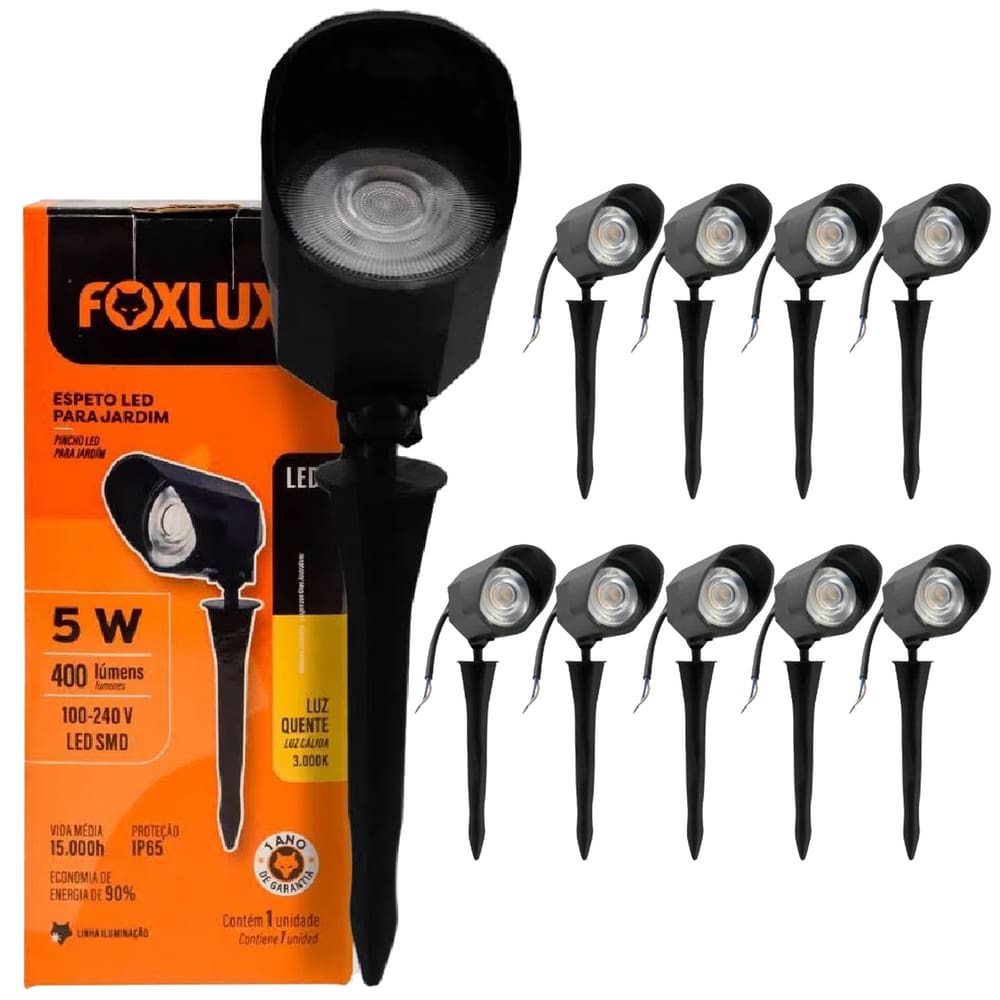 Kit 10 Espeto Led para Jardim 5W 3000K Bivolt Foxlux
