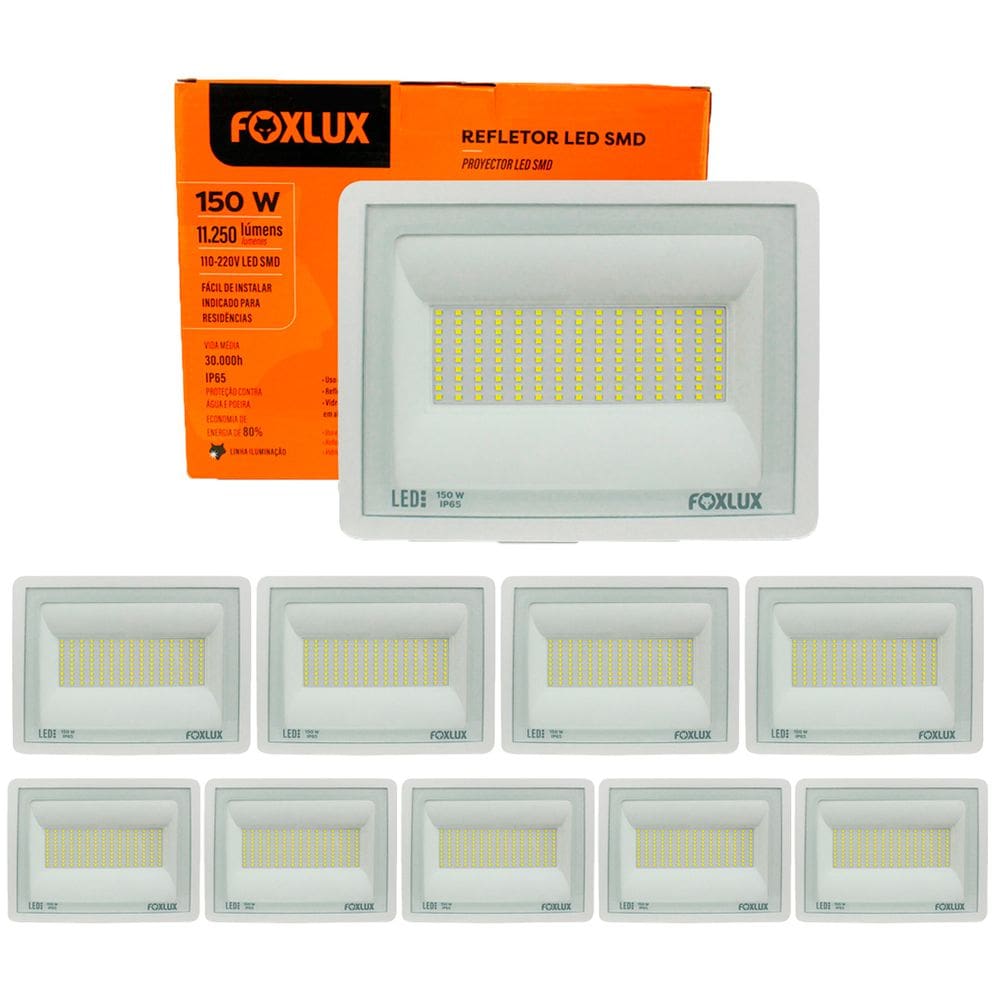 Kit 10 Refletor Led 150W 6500K Branco Bivolt Foxlux