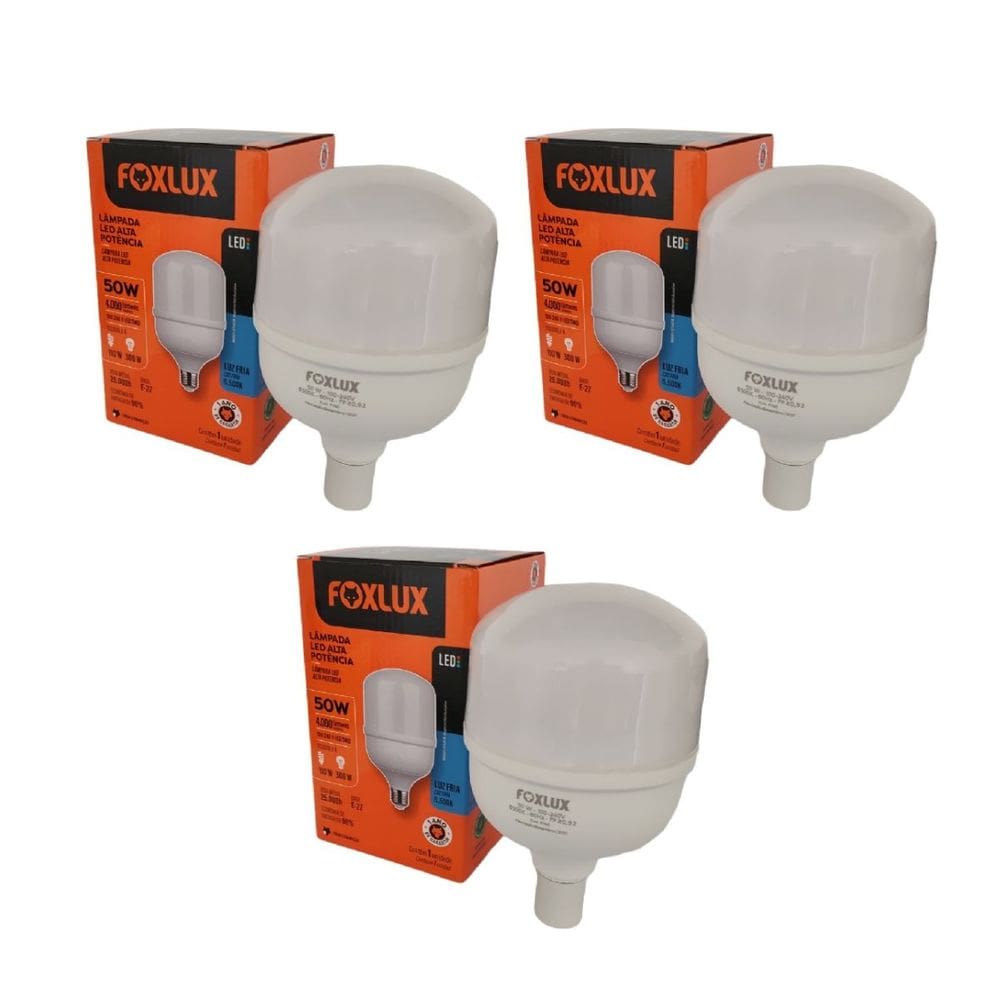 Kit 3 Lâmpadas LED 50W Bulbo Alta Potência Bivolt 6500K Foxlux