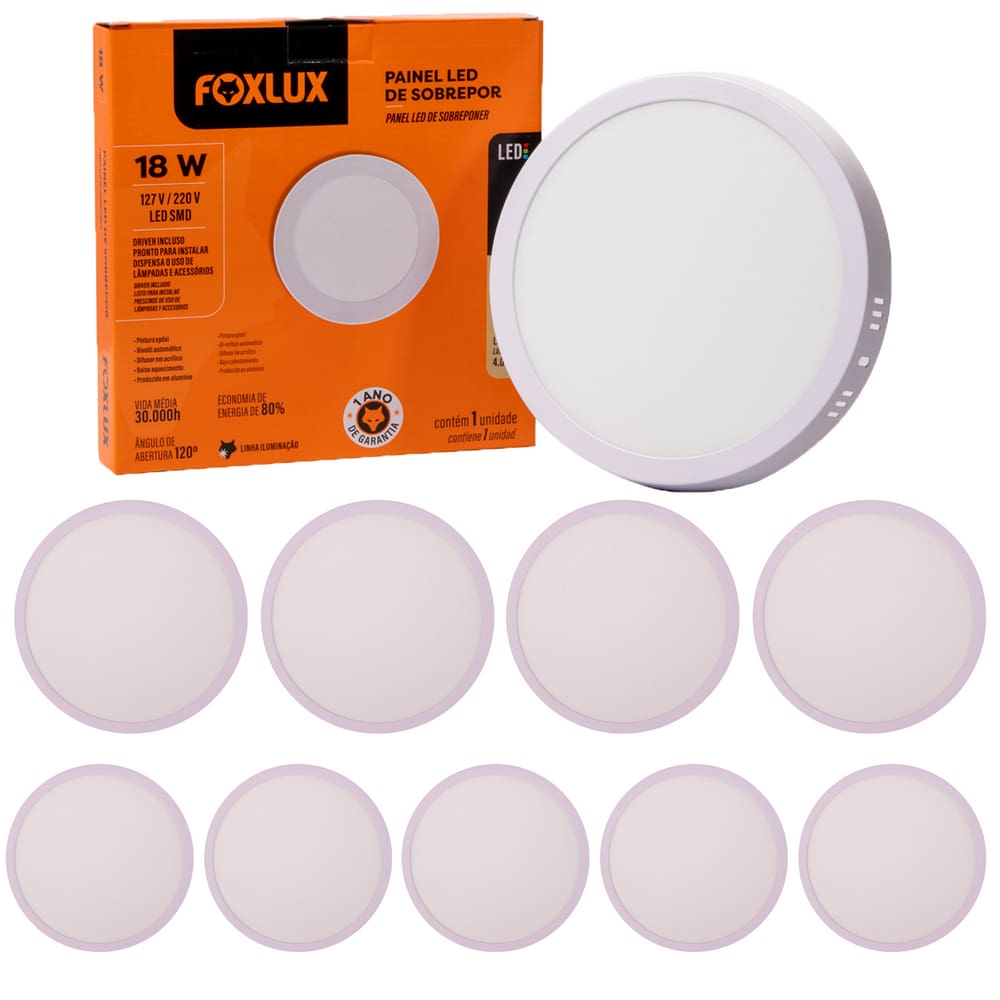 Kit 10 Painel Led Redondo Sobrepor 18W 4000K Bivolt Foxlux
