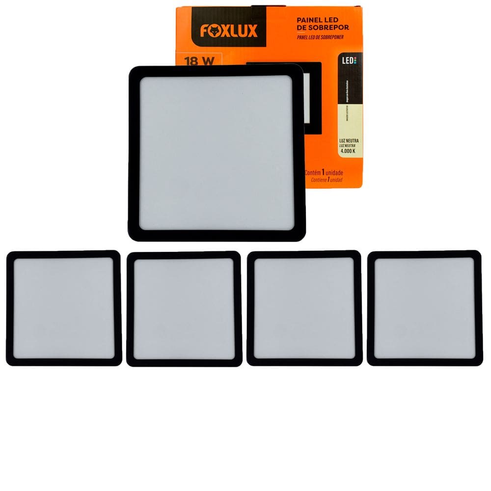 Kit 5 Painel LED 18 W 4000k Quadrado Sobrepor Preto Foxlux