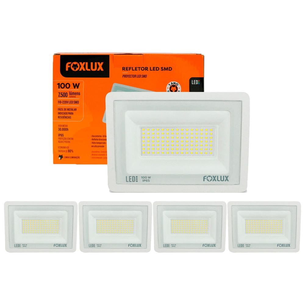 Kit 5 Refletor Led 100W 6500K Branco Bivolt Foxlux