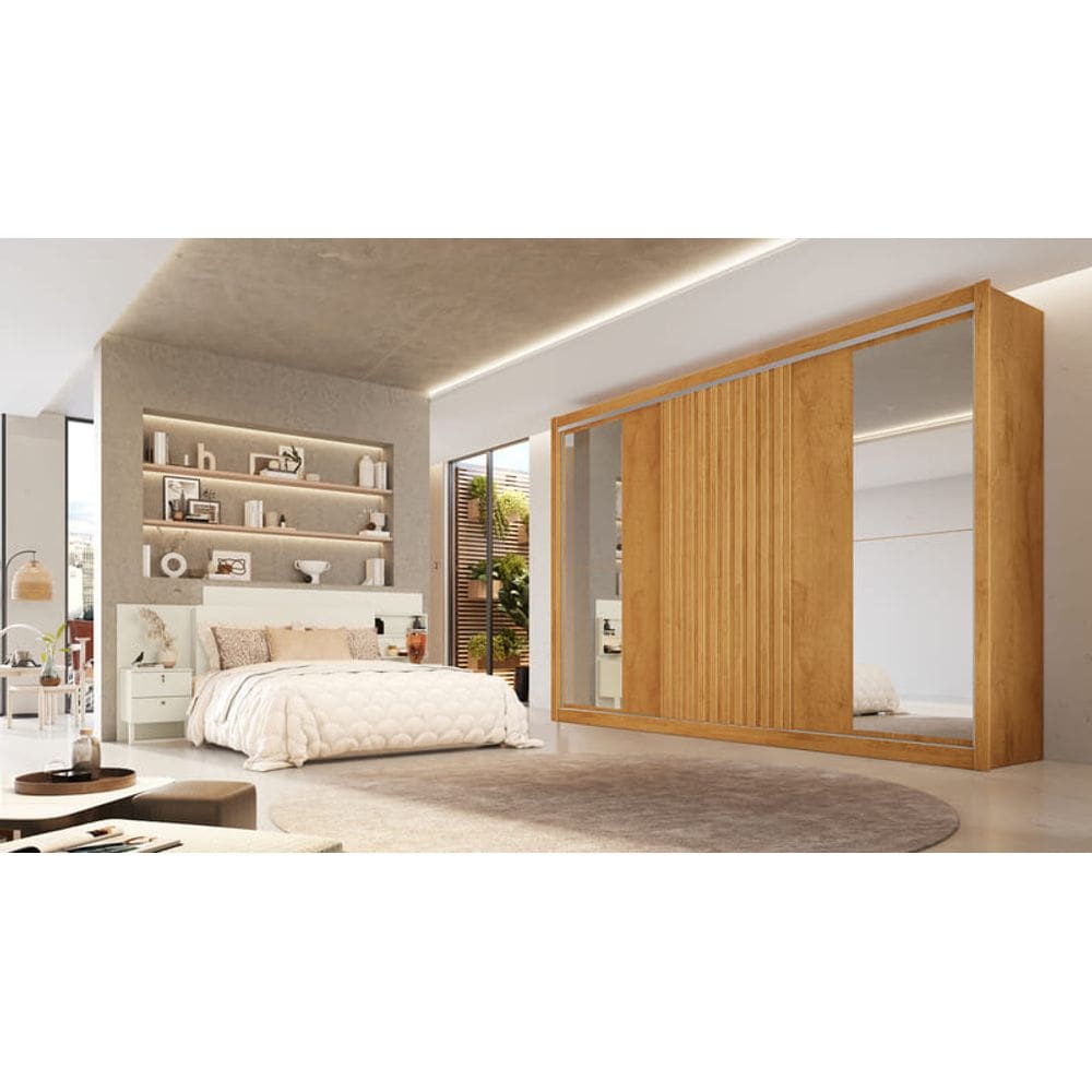 Guarda Roupa Casal Com Espelho 3 Portas 6 Gavetas - Vitoria-Peroba - Móveis Europa