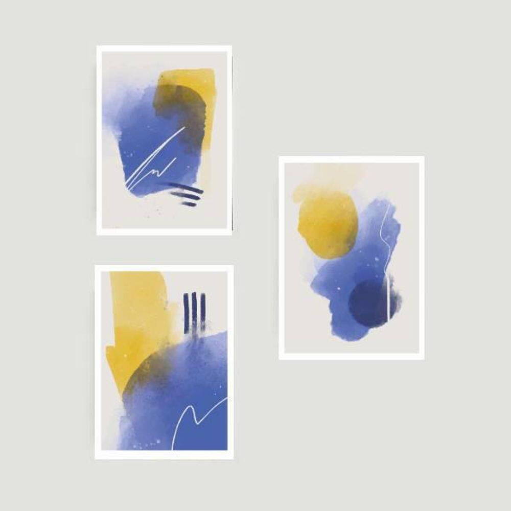 Kit 3 Quadros Abstratos Azul E Amarelo 24X18Cm