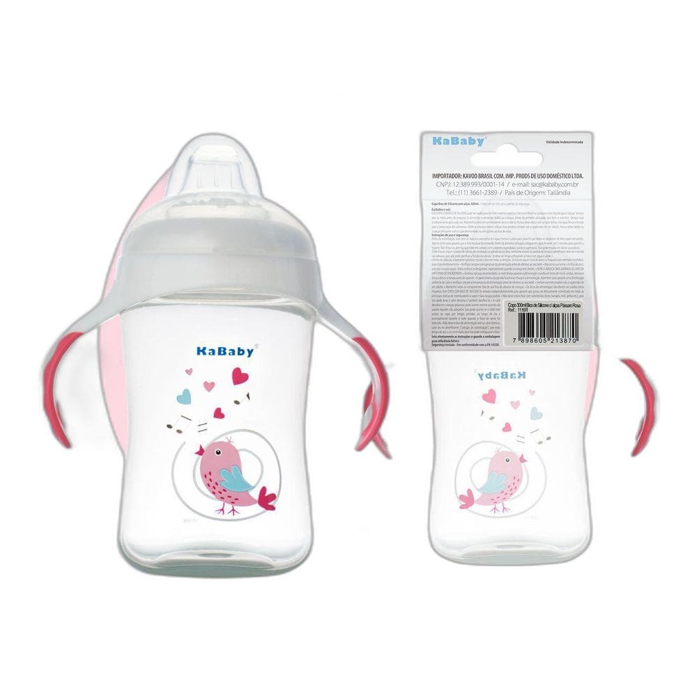Copo Pássaro Bico Rígido Bebê Com Alça Rosa 300ml