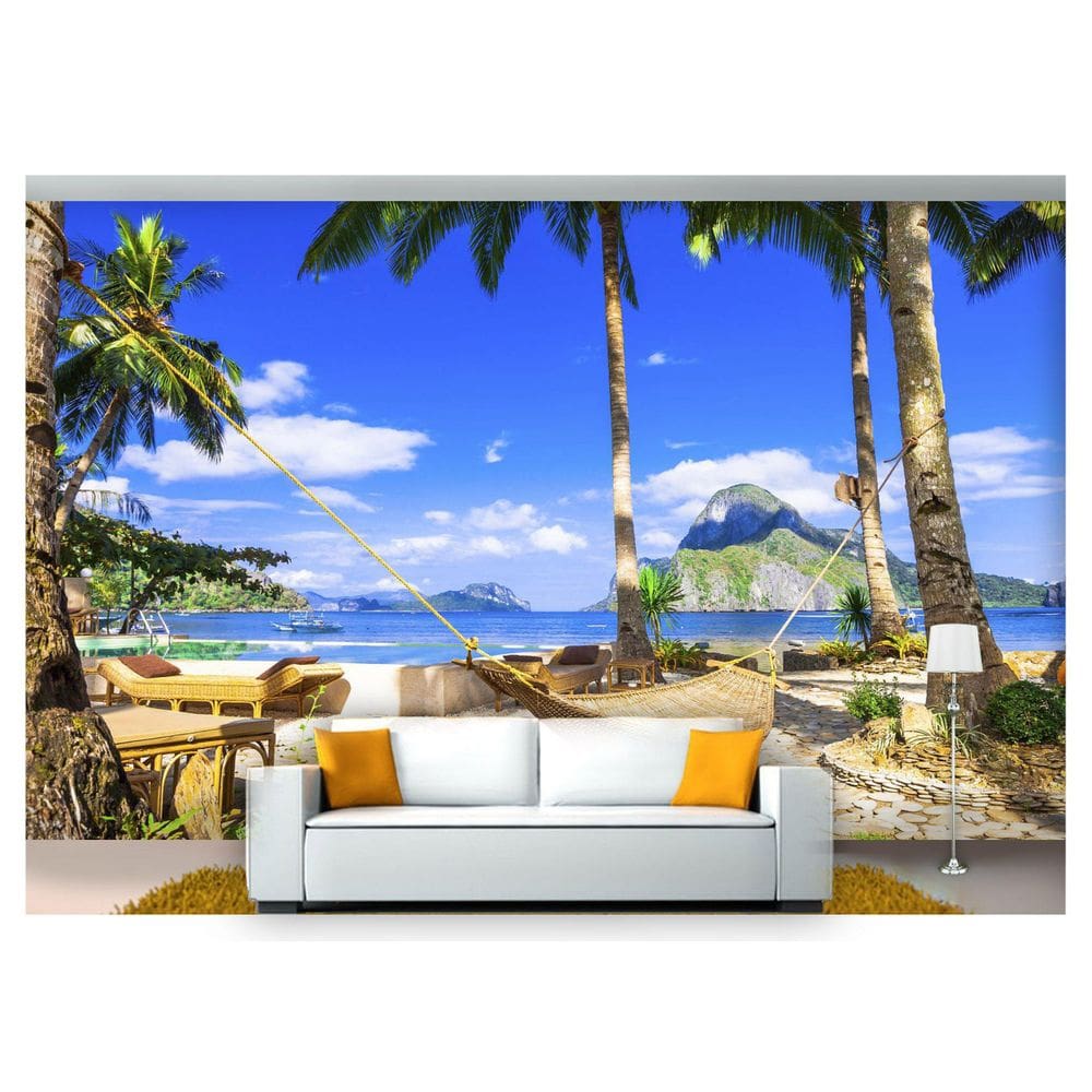 Papel De Parede Praia Mar Rede Descanço 3D Npr251