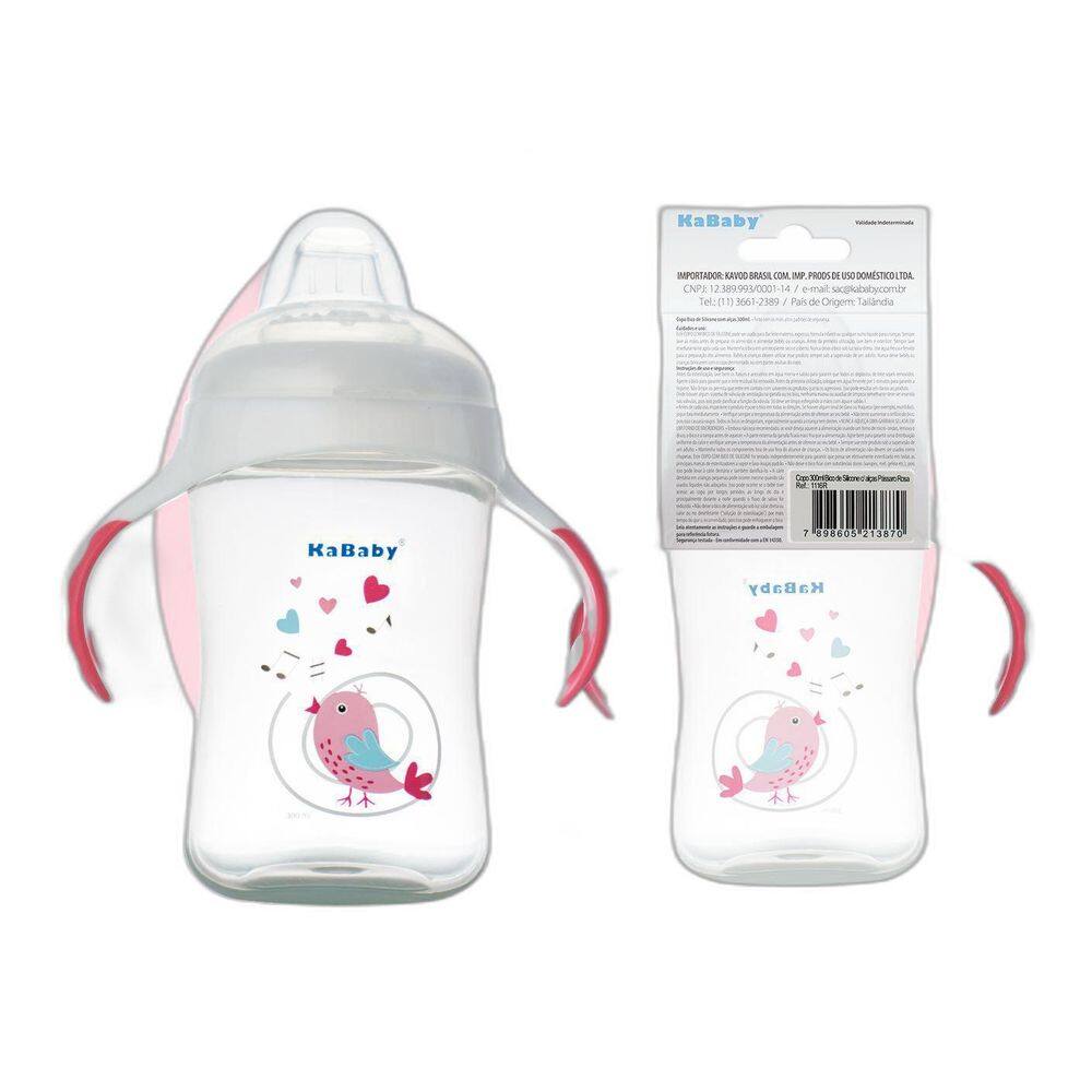 Copo Pássaro Bico Rígido Bebê Com Alça Rosa 300ml