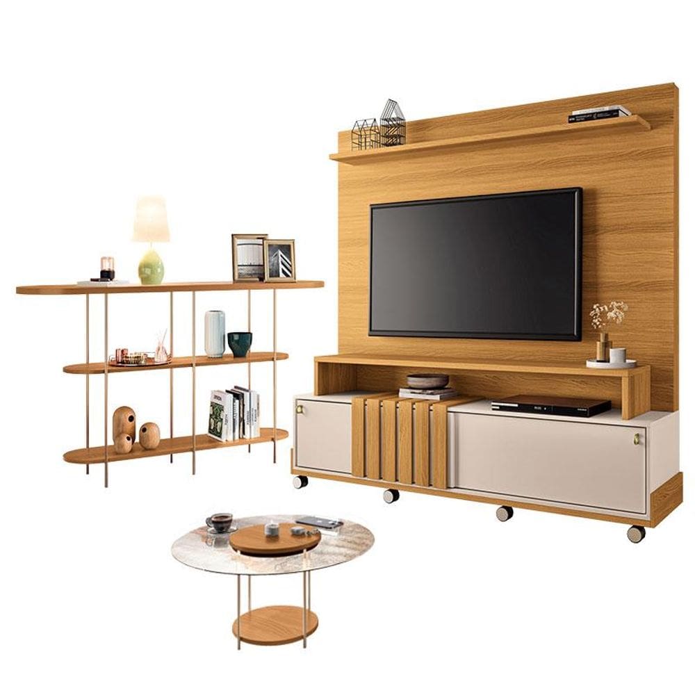 Estante Home Theater Bold Off White Cinamomo e Aparador Infinity e Mesa de Centro sky com Tampo de Vidro Cinamomo – HB Móveis