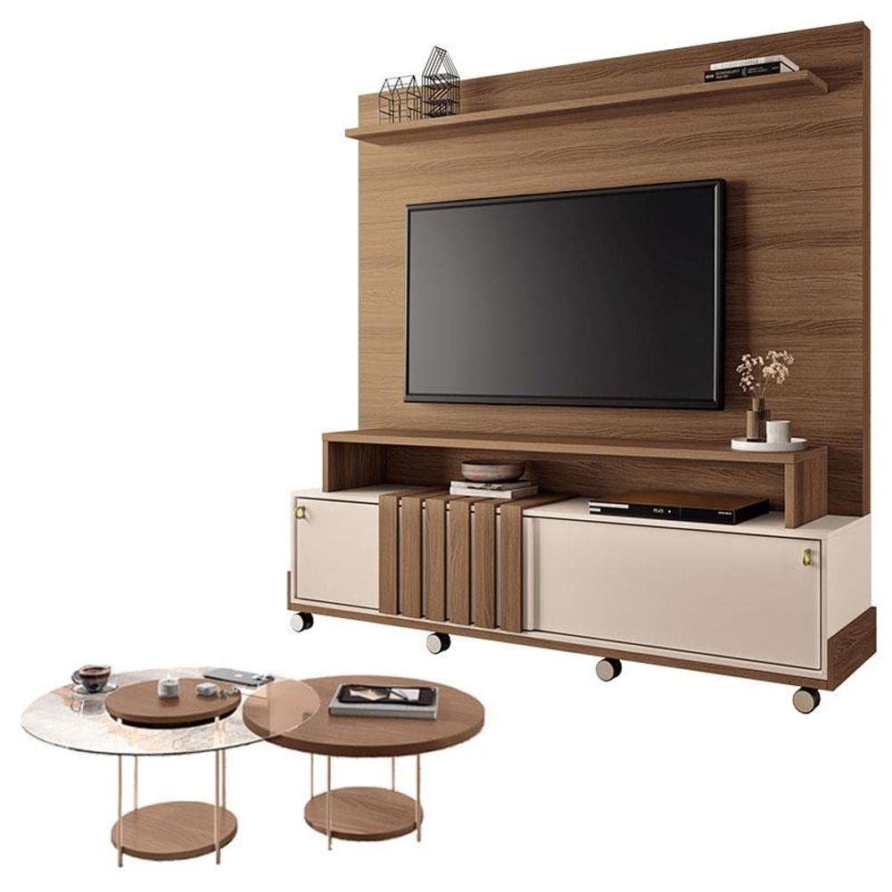 Estante Home Theater Bold Off White Castanho e Kit Mesa de Centro sky Castanho – HB Móveis