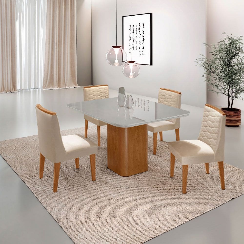 Mesa de Jantar Eloise 90cm Tampo MDF Vidro Canto Copo com 4 Cadeiras Eloise Moderna Mobília