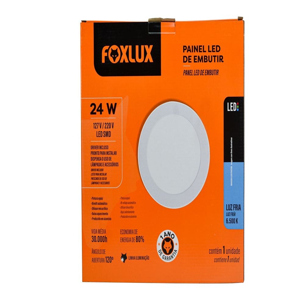 Painel LED 24W Downlight Bivolt 6500K Redonda Embutir Foxlux