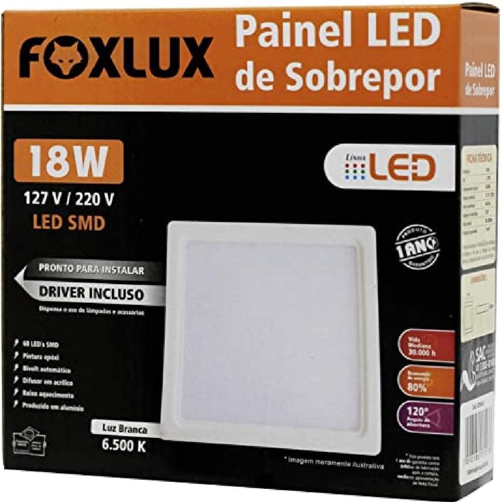 Painel LED 18W Downlight Bivolt 6500K Quadrado Sobrepor Foxlux