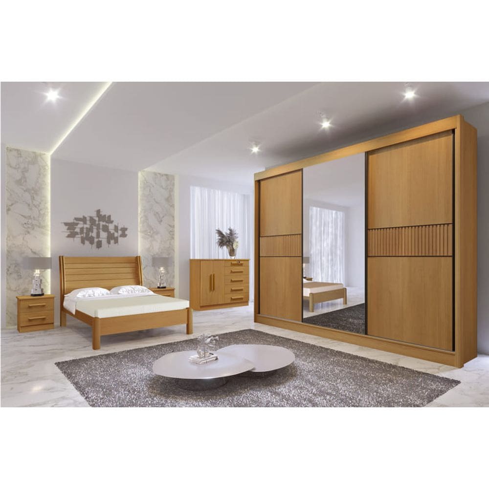 Guarda Roupa Casal com Espelho 3 Portas 6 Gavetas - Los Angeles Ripado-Cinamomo - Móveis D`Doro