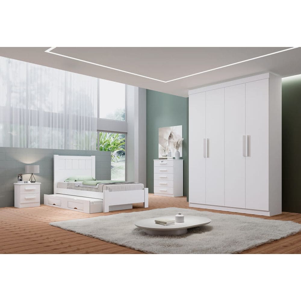 Guarda Roupa Solteiro 4 Portas 3 Gavetas - Colibri-Branco - Móveis D`Doro