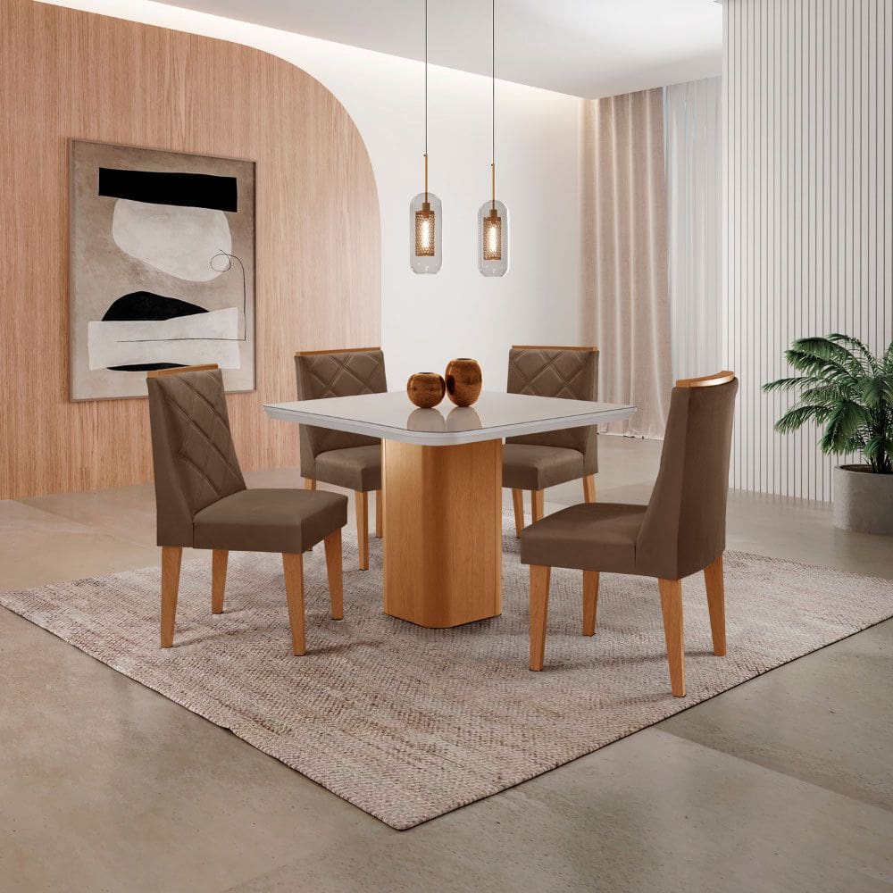 Mesa de Jantar Eloise 90cm Tampo MDF Vidro Canto Copo com 4 Cadeiras Isadora Moderna Mobília