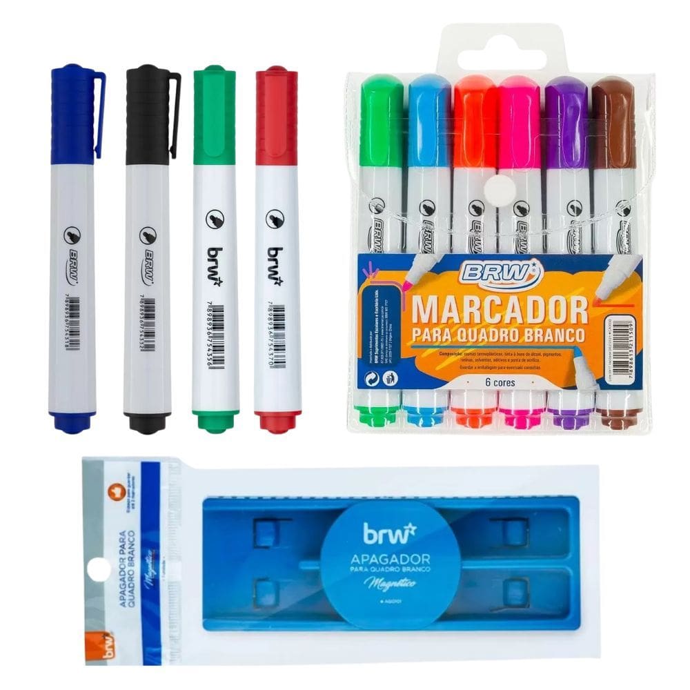 Kit 10 Marcador Para Quadro Branco Lousa + Apagador Magnético c/ Porta Caneta - BRW