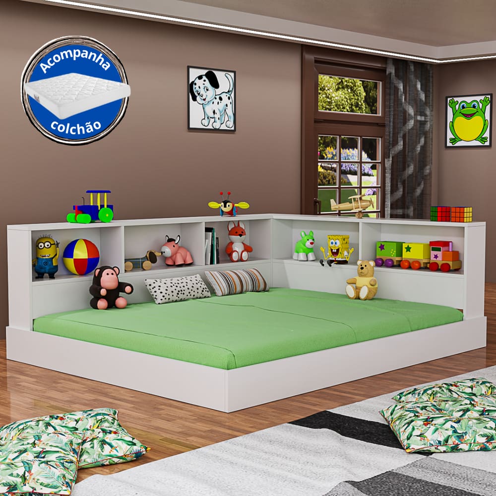 Cama Moderna De Chão Com Estante Com Nichos E Colchão Em MDF