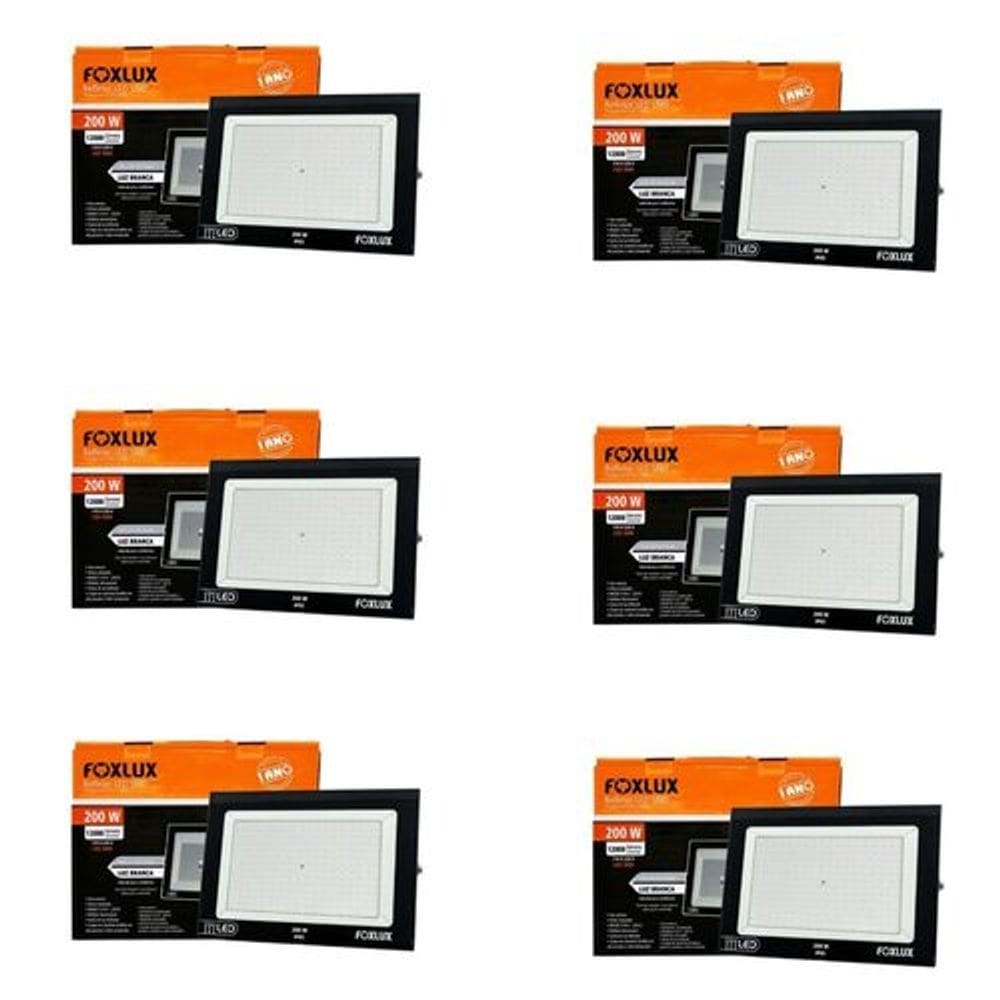 Kit 6 Refletor LED 200W Bivolt Luz Branca IP65 Foxlux