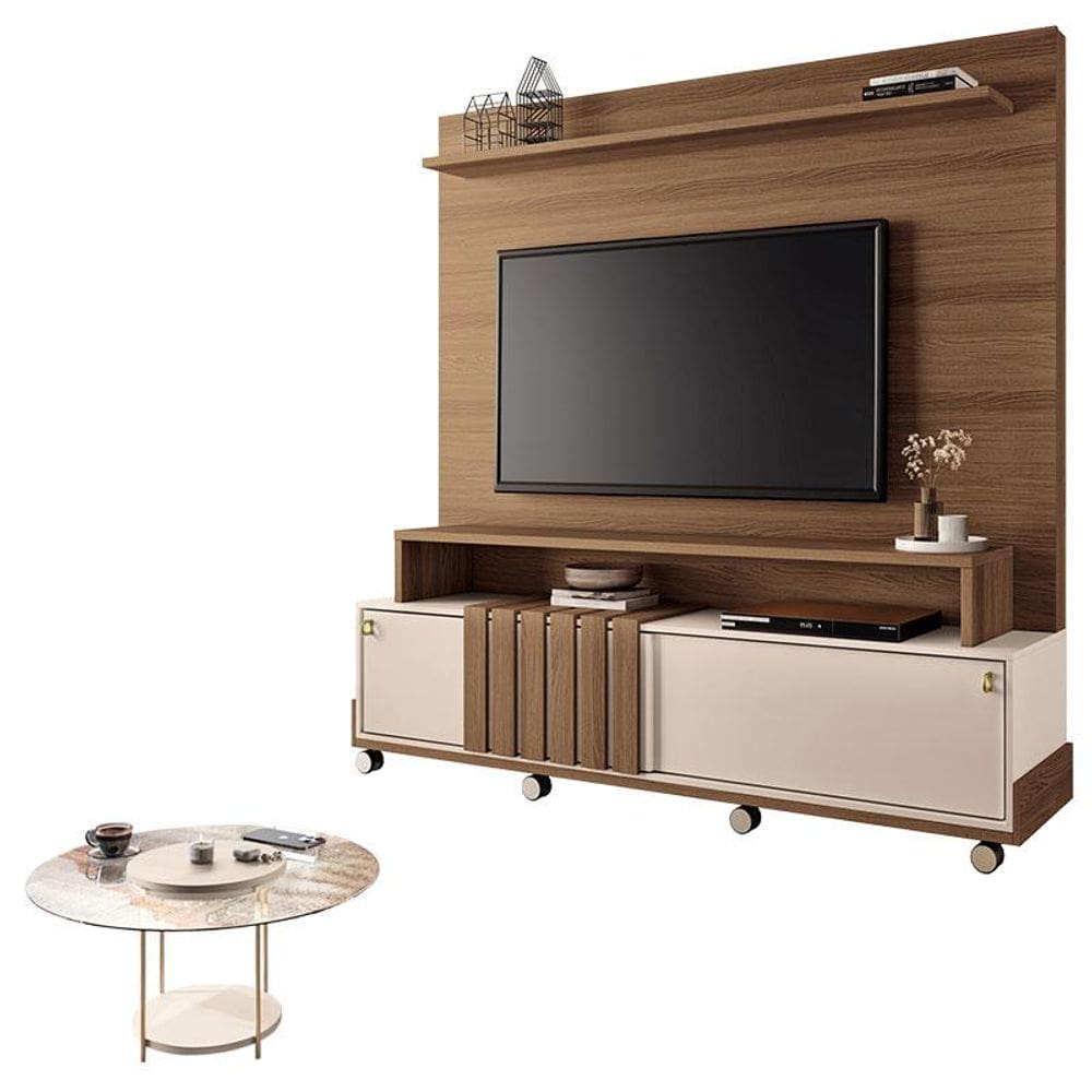 Estante Home Theater Bold Off White Castanho e Mesa de Centro sky com Tampo de Vidro Off White- HB Móveis