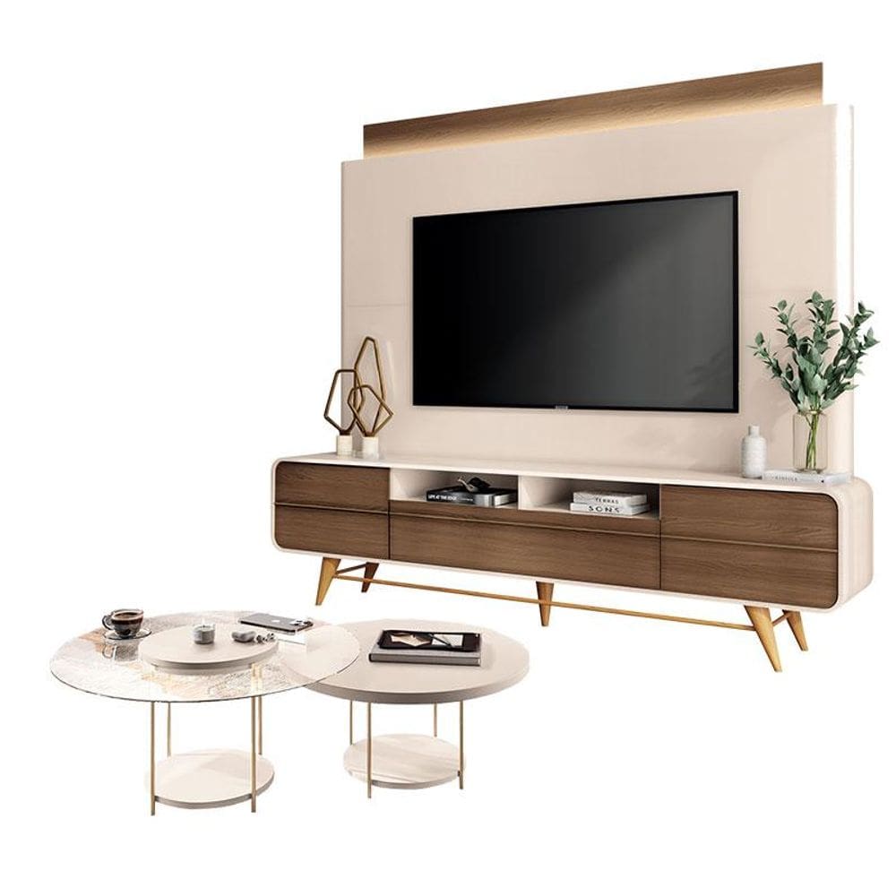 Estante Home Theater Nobre Off White Castanho e Kit Mesa de centro Sky Off White– HB Móveis