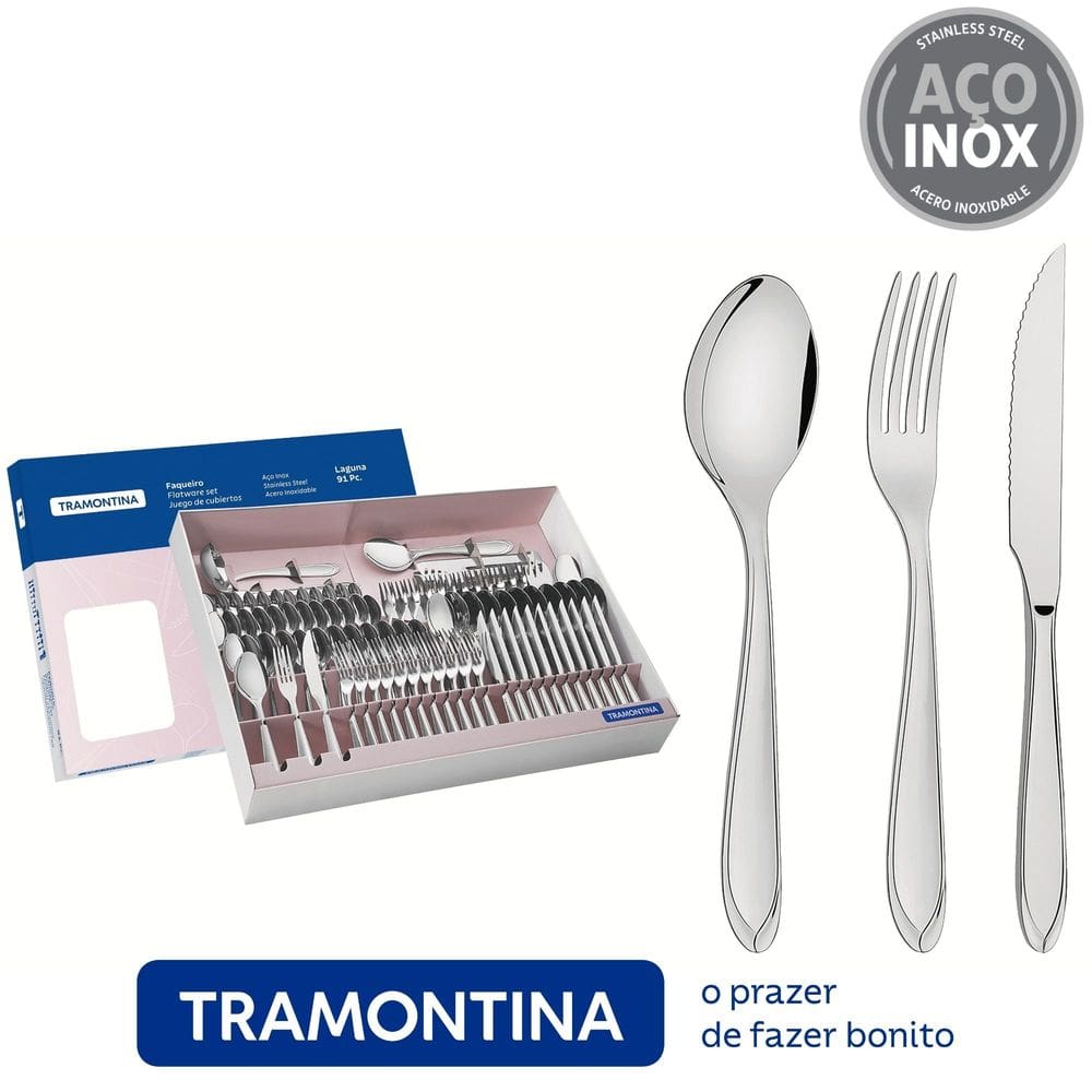 Faqueiro Laguna com 91 Peças em Aço Inox com Facas de Churrasco - Tramontina