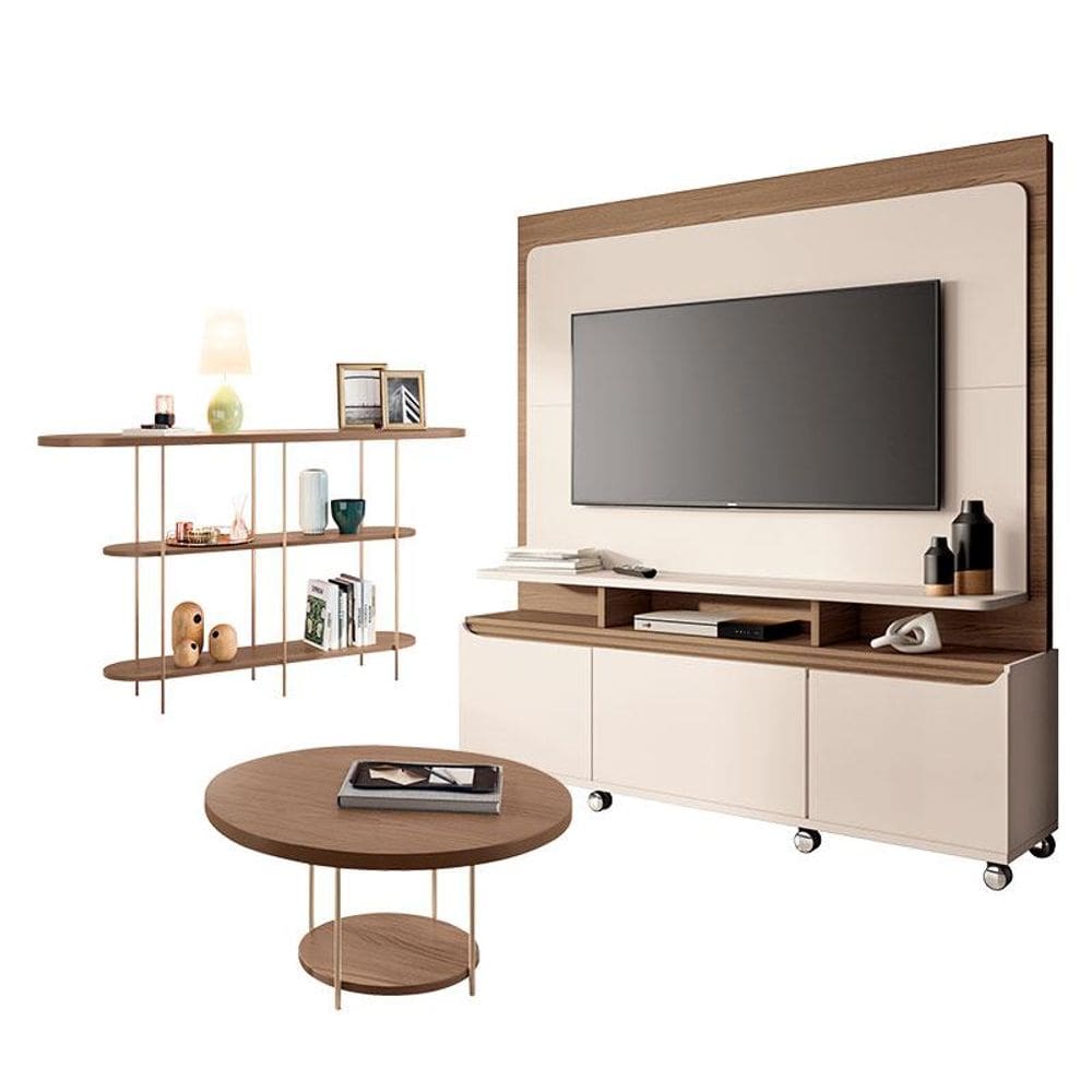 Estante Home Theater Quantum e Aparador Infinity e Mesa de Centro Sky Off White Castanho– HB Móveis
