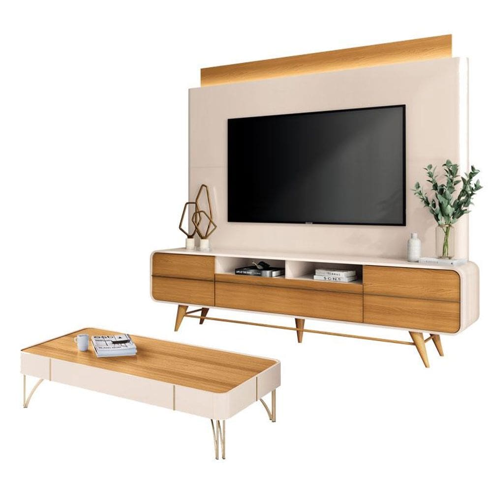 Estante Home Theater Nobre e Mesa de Centro Cadenza Off White Cinamomo – HB Móveis
