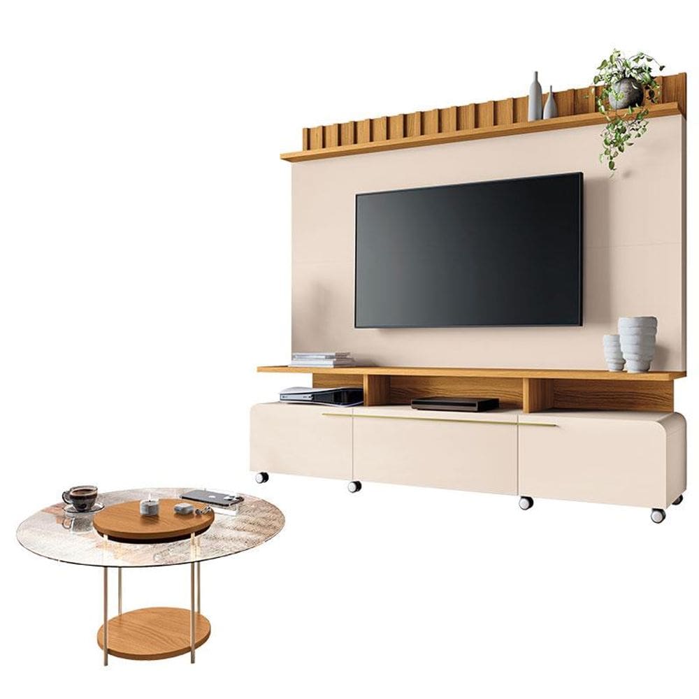 Estante Home Theater Artís Off White Cinamomo e Mesa de Centro Sky com Tampo de Vidro Cinamomo – HB Móveis