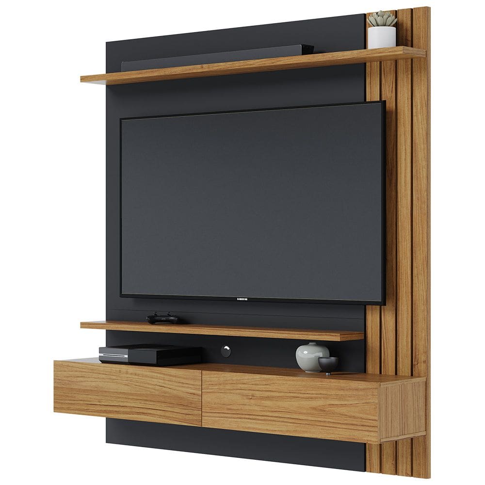 Painel Para TV 65 Pol com Bancada Suspensa 150cm Will C04 Noce Milano Preto Fosco - Lyam Decor