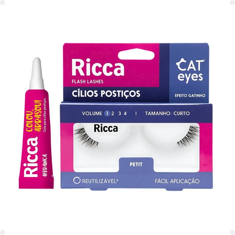 Cílios Postiços + Cola Branca Ricca Belliz Cat Eyes Petit Vol:1 Curto Cód.2698
