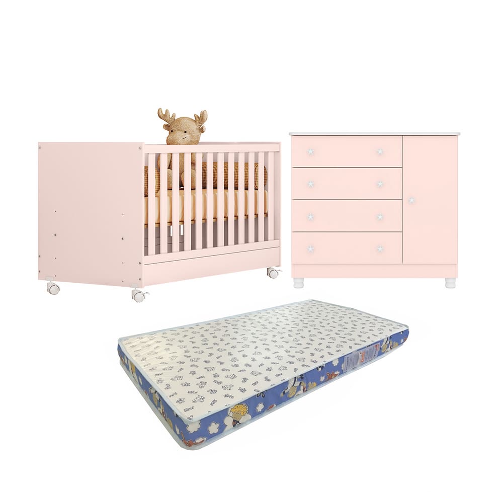 Conjunto Ideal para Bebê Berço Americano Cômoda Doce Sonho + Colchão Ortobom - Qmovi Rosa Acetinado