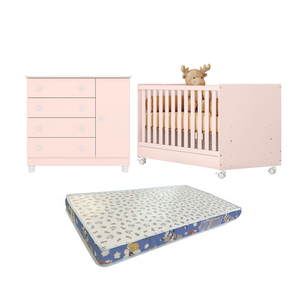 Tudo o que Seu Bebê Precisa P Dormir Bem Berço Americano + Cômoda Doce Sonho e Colchão Ortobom-Qmovi