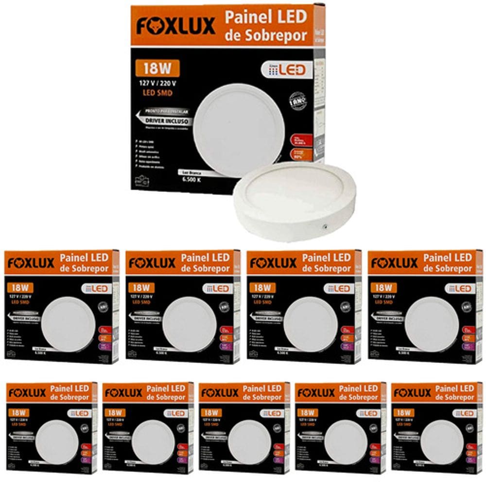 Kit 10 Painel LED 18W Redondo 6500K Bivolt Sobrepor Foxlux