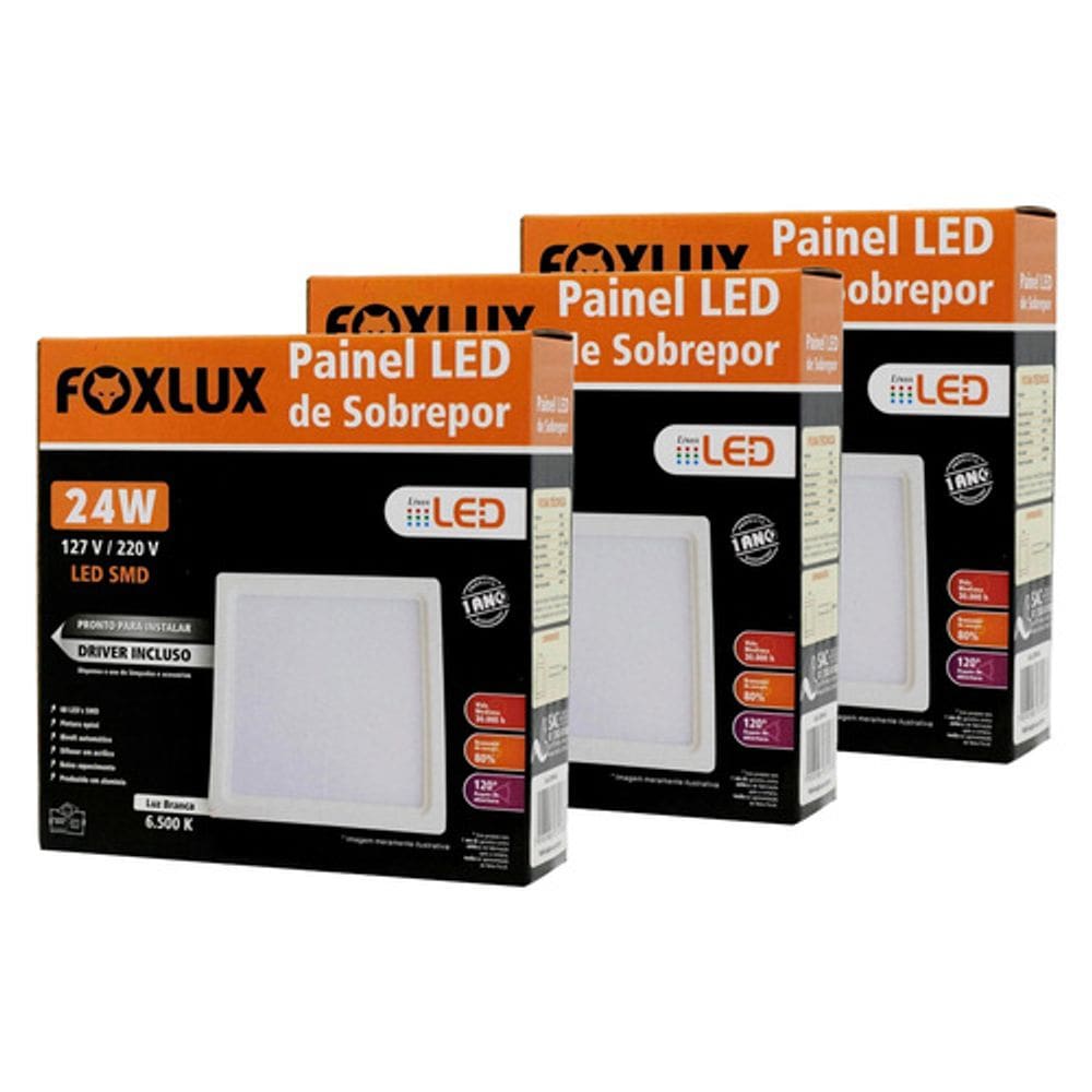 Kit 3 Painel LED 24W Bivolt 6.500K Quadrado Sobrepor Foxlux