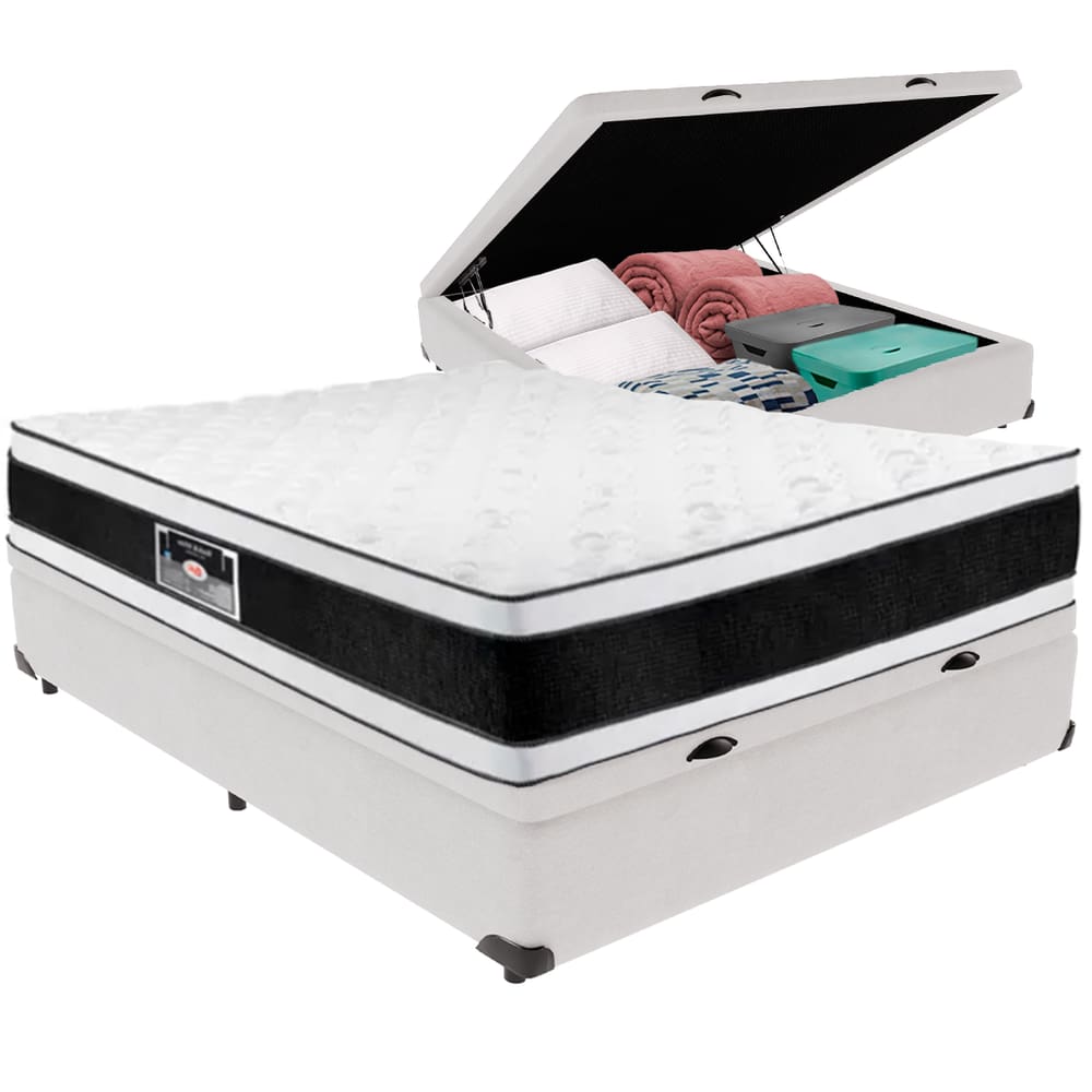 Cama Box Baú Branco e Colchão Black & White Air Double Face Espuma D33 Casal Castor