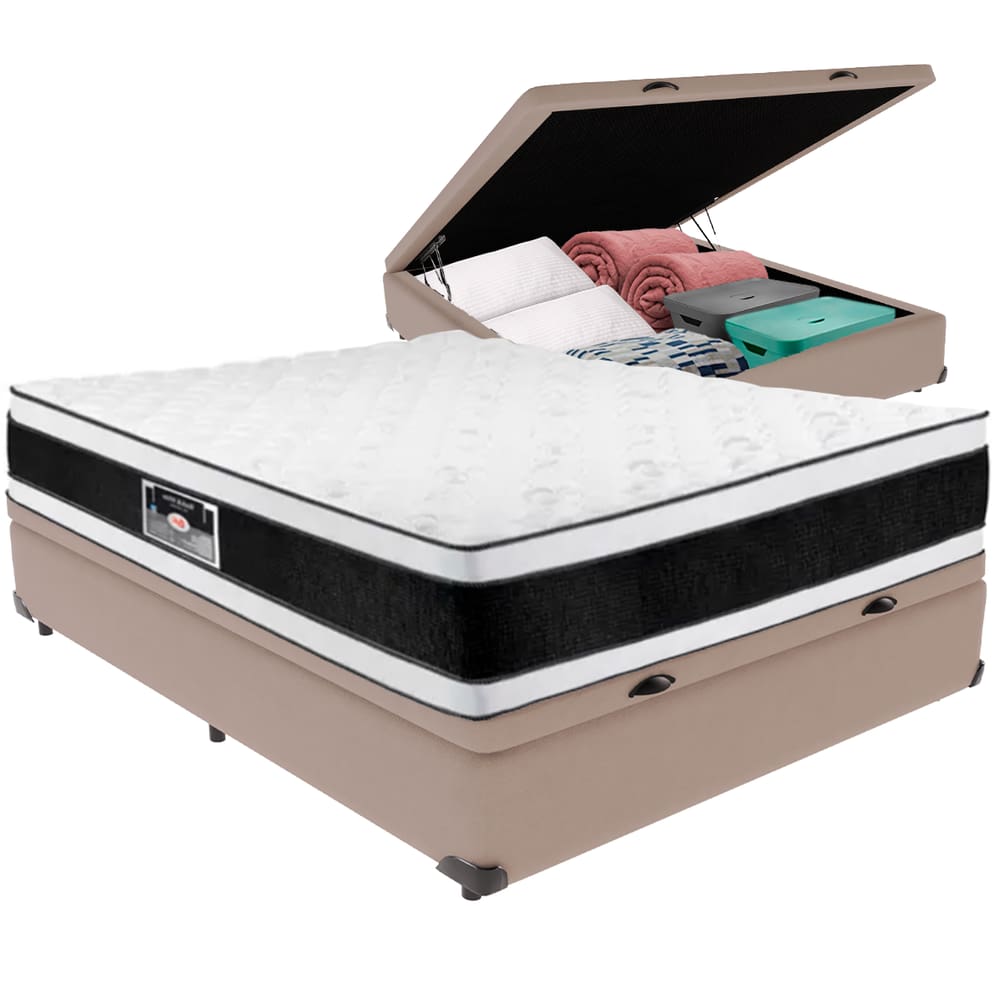 Cama Box Baú Bege e Colchão Black & White Air Double Face Espuma D33 Casal Castor