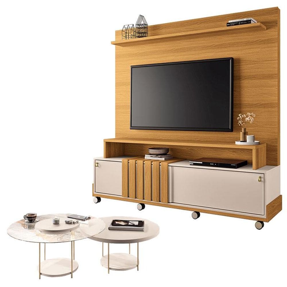 Estante Home Theater Bold Off White Cinamomo e Kit Mesa de Centro sky Off White - HB Móveis