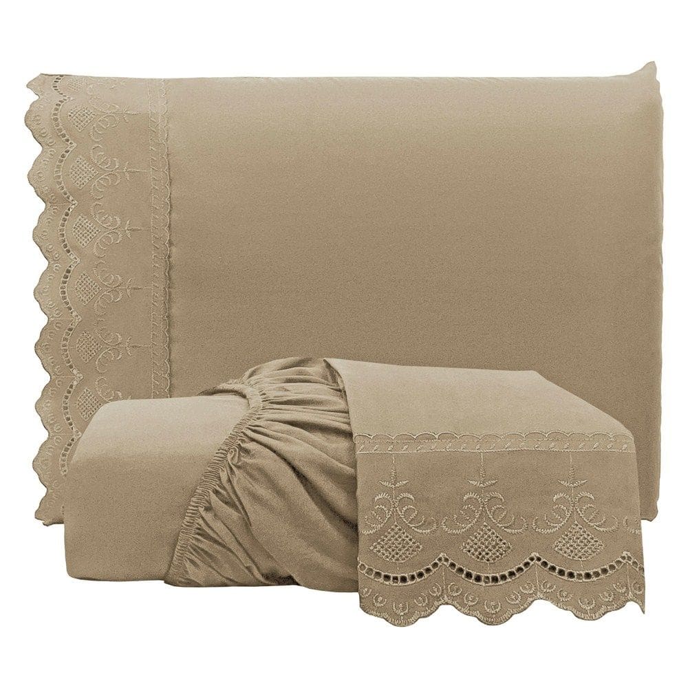 Jogo de Lençol King Bordado Ingles Micropercal 300 Fios Toque de Algodão 3 Peças - Chocolate