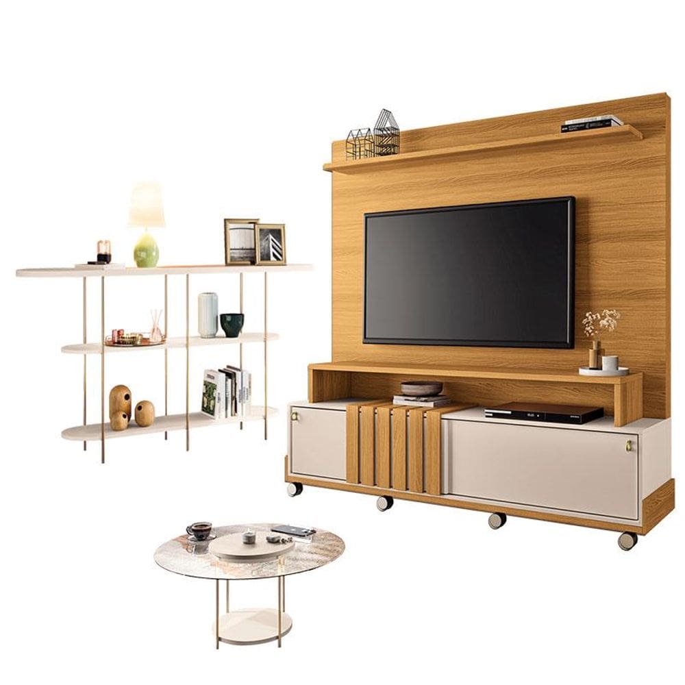 Estante Home Theater Bold Off White Cinamomo e Aparador Infinity e Mesa de Centro sky com Tampo de Vidro Off White - HB Móveis
