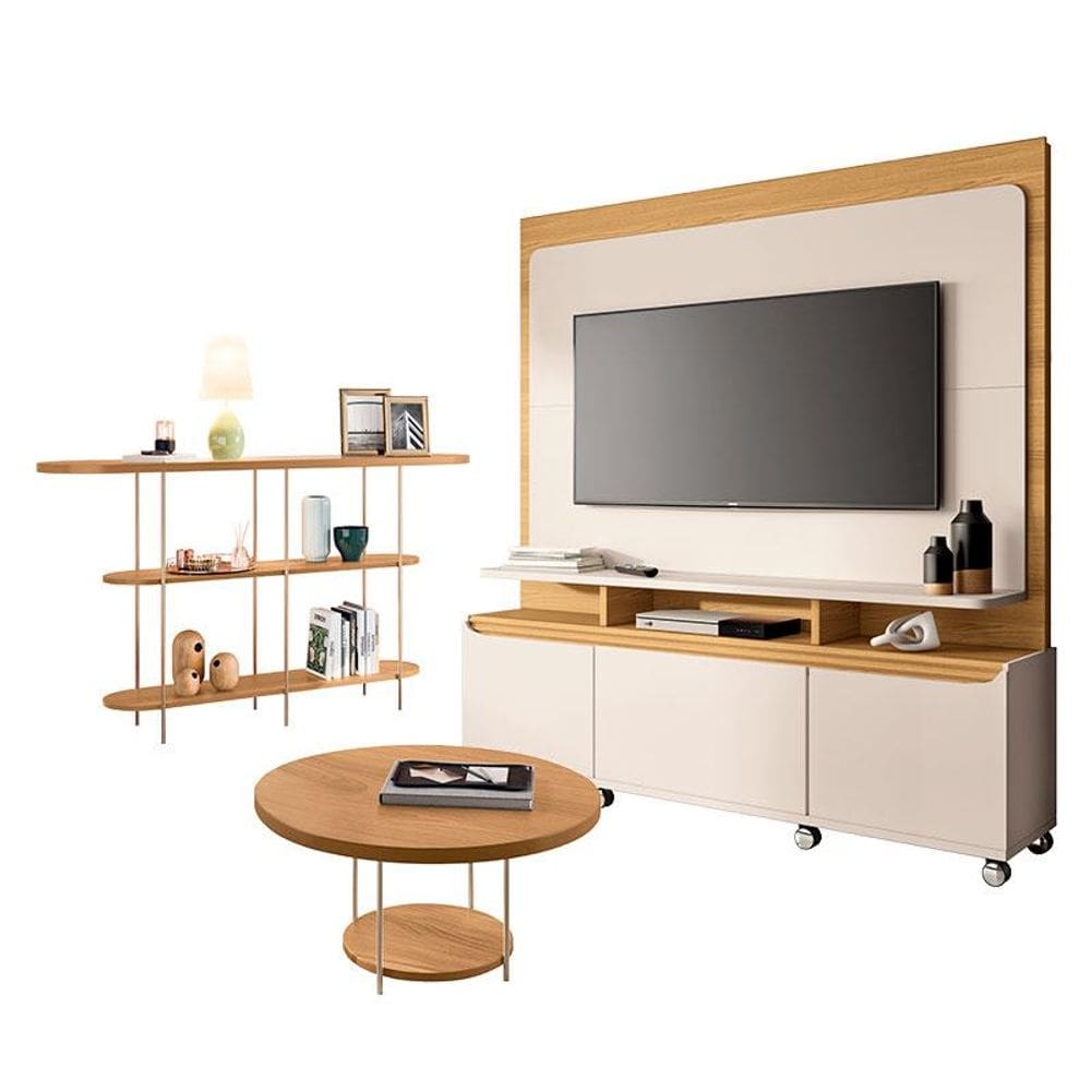 Estante Home Theater Quantum e Aparador Infinity e Mesa de Centro Sky Off White Cinamomo– HB Móveis